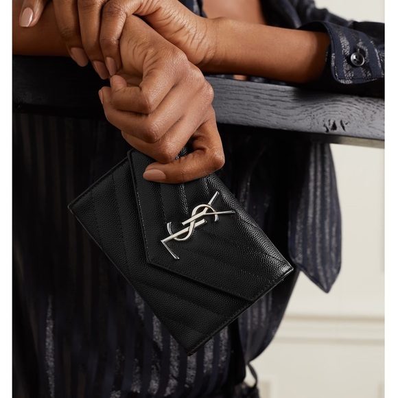 Saint Laurent * YSL Silver* Grain de Poudre Monogram Compact Tri-Fold Wallet - Picture 7 of 16